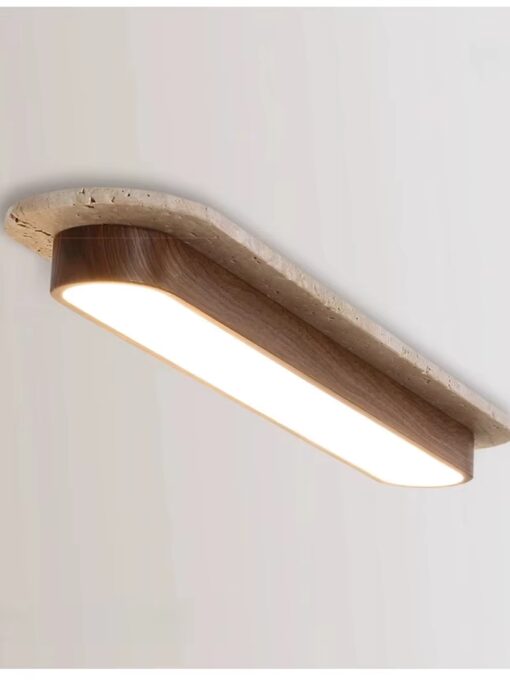 Lange Deckenleuchte aus Travertin und Holz 10×50 cm