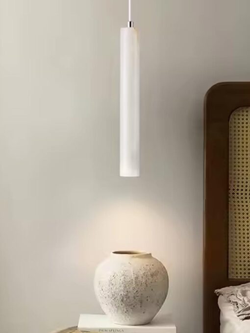 Zylindrische Pendelleuchte aus weißem Travertin D4 x H30 cm